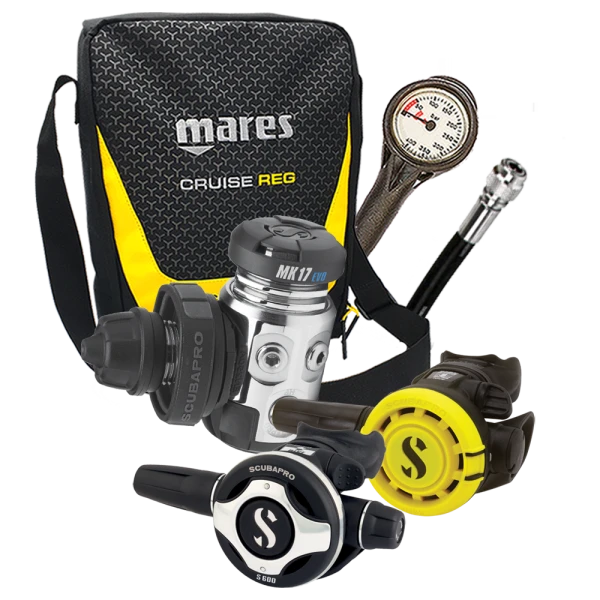 Atemregler Komplettset MK17 EVO / S600 / R105 / Atemreglertasche / Finimeter / Inflatorschlauch