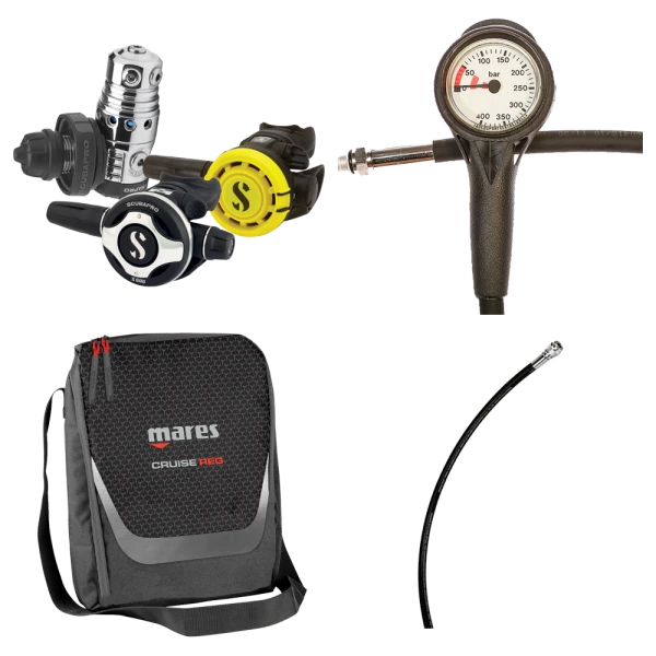 Atemregler Komplettset MK25 EVO / S600 / R105 / Atemreglertasche / Finimeter / Inflatorschlauch