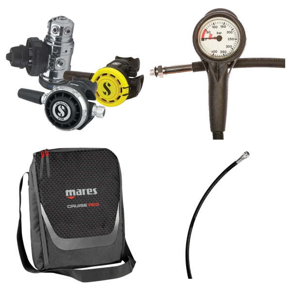 Atemreglerkomplettset MK19 EVO DIN / G260 / R105 / Atemreglertasche / Finimeter / Inflatorschlauch