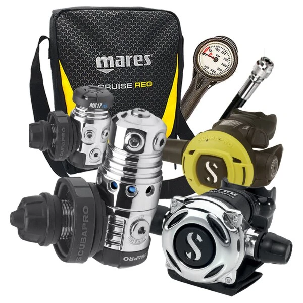 Atemregler Komplettset MK25 EVO DIN 300 / A700 / S270 + 1. Stufe MK17 EVO / Atemreglertasche / Finimeter / Inflatorschlauch