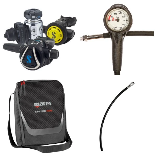 Atemregler Komplettset MK17 EVO / C370 / R095 / Atemreglertasche / Finimeter / Inflatorschlauch